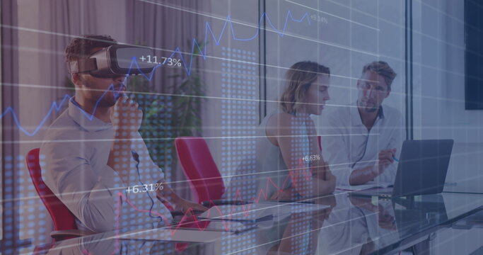 Financial data processing against man wearing vr headset at office