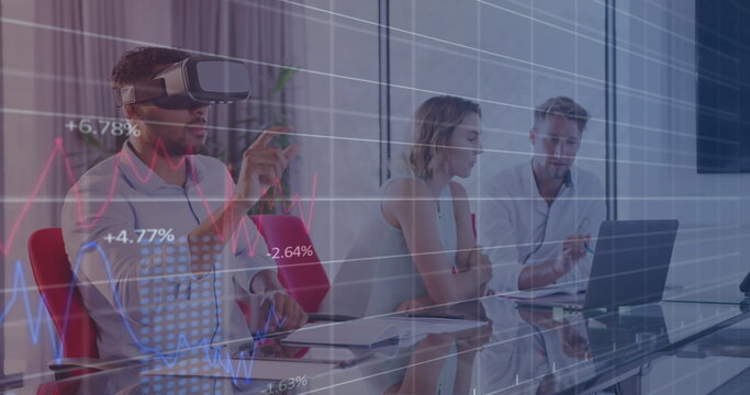 Financial data processing against man wearing vr headset at office