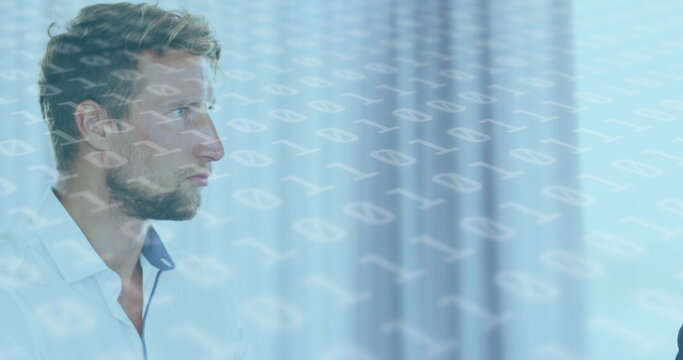 Image of binary coding and padlock security interface with businessman in meeting