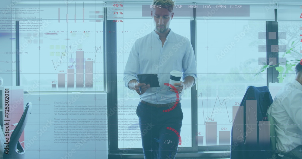 Poster image of interface showing data and statistics with businessman and colleagues working in office