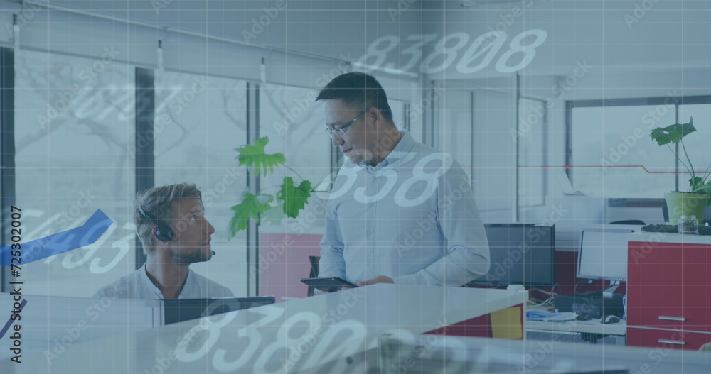 Poster image of interface showing data and statistics with male business colleagues working in office