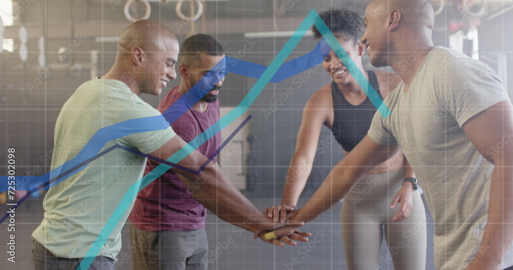 Poster image of graph processing data over diverse fitness group embracing and stacking hands at gym