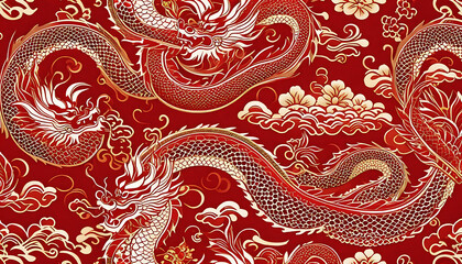2024 Chinese New Year Banner: Abstract Art with Oriental Dragon and folding paper fans on red background. Lunar New Year Celebration Card Design
