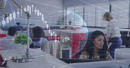 Financial data processing over globe against office colleagues working at office