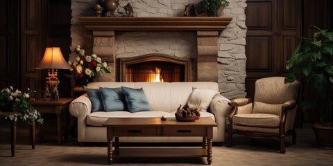 Traditional living room with sofa, armchair, and fireplace.