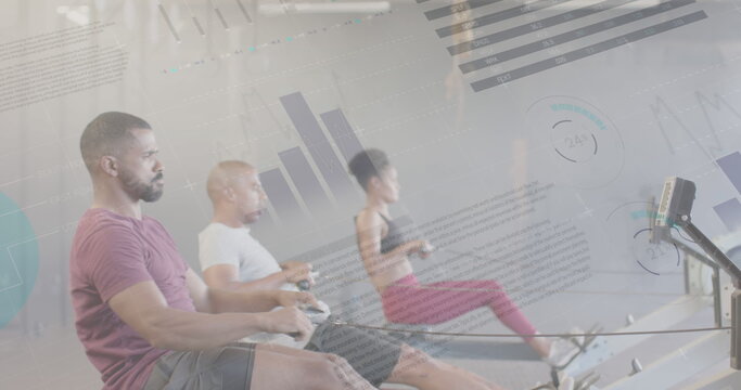 Image of interface processing data over diverse group training on rowing machines at gym