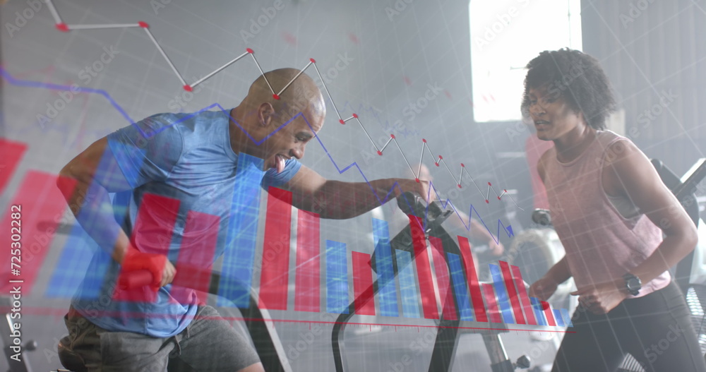 Poster image of graph processing data over diverse female trainer and man on elliptical at gym