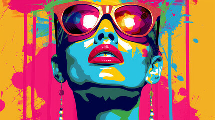 Vibrant pop art face with stylish sunglasses.
