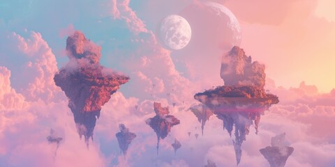 Surreal floating islands, with abstract landmasses suspended in a dreamy, pastel-colored sky - obrazy, fototapety, plakaty