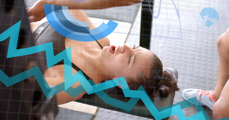 Image of graph processing data over caucasian woman bench pressing weights at gym