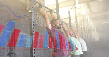Image of graph processing data over diverse male group training on pull up bars at gym