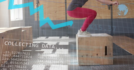 Image of interface processing data over caucasian woman jumping on boxes cross training at gym