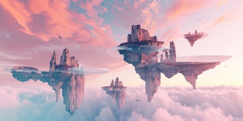 Surreal floating islands, with abstract landmasses suspended in a dreamy, pastel-colored sky