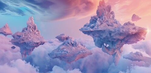 Surreal floating islands, with abstract landmasses suspended in a dreamy, pastel-colored sky