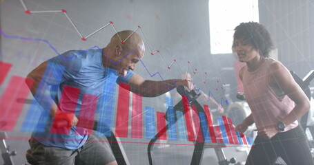 Image of graph processing data over diverse female trainer and man on elliptical at gym