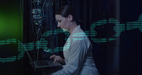 Image of security chain data processing over caucasian female it engineer by computer servers
