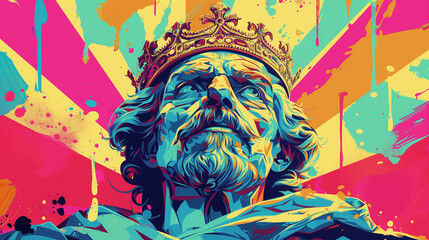 Regal pop art king with a colorful backdrop.
