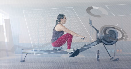 Image of interface processing data over caucasian woman training on rowing machine at gym