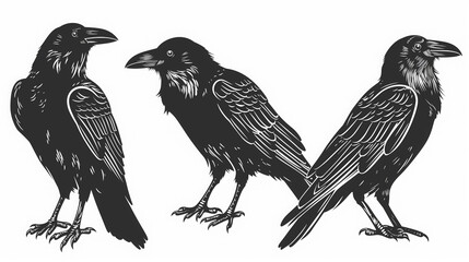 Three black ravens in ink, detailed illustration.