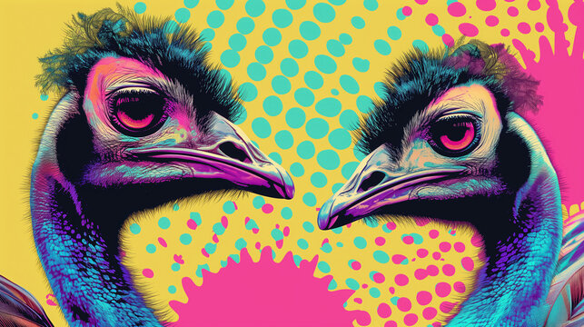 Colorful pop art ostriches with halftone backdrop.