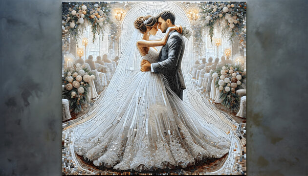a wedding picture created from mosaic tiles, capturing a bride and groom in a tender and loving pose