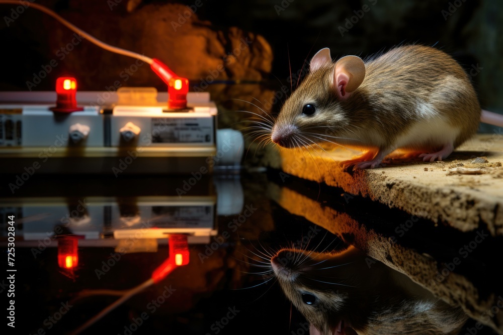 Poster a cute mouse stands on a ledge with a glowing light. generative ai.