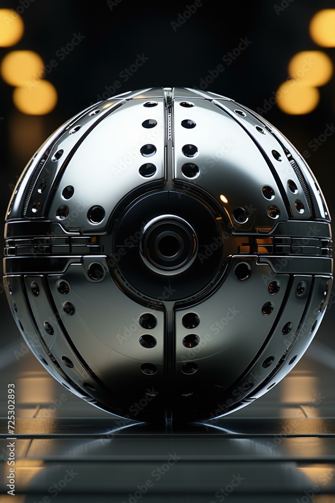 Poster a futuristic metallic ball with intricate details and captivating design. generative ai.