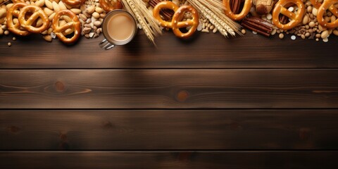Beer with pretzel crackers and snacks on wooden table. Flat lay with text space. Banner design. - obrazy, fototapety, plakaty