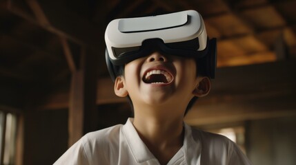 A joyful 12-year-old  boy smiles while using a  headset, immersed in a world of imagination. Generative AI.