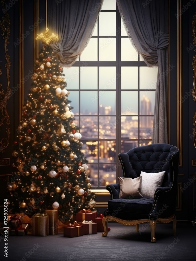 Poster christmas tree and chair in front of window with city view. generative ai.