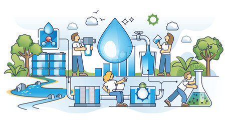 Water purification systems and sewage filtration process outline concept. Polluted wastewater treatment station with chemical, filter and UV lamp stages vector illustration. Save water with osmosis.