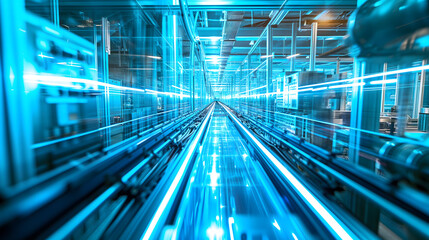 Fototapeta na wymiar Long exposure photography of a futuristic semiconductor production line. The image captures the dynamic motion of advanced machinery with a strong emphasis on vivid blue lighting