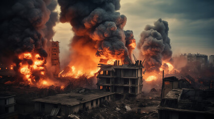 Building that is on fire. Destroyed and burned apartments. War in World. Apocalyptic view of city downtown as disaster film poster concept. City destroyed by war. Generative AI.