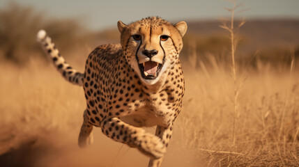 Chetah is running for hunting in Savana forest field, Animal wild life, World wild life.