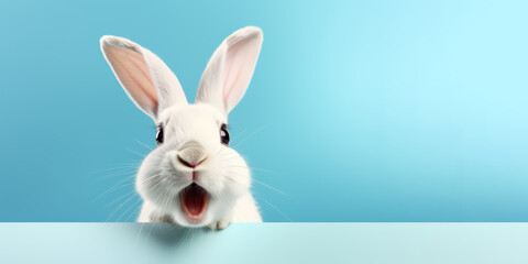 Obraz premium A Rabbit Bunny hide peeking signboard with copy space for text banner.