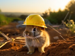 A hamster wearing a hard hat on top of a pile of dirt. Generative AI.
