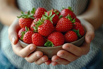 Woman holding fresh organic strawberries ripe and juicy in summer sunlight. Healthy eating concept with close up in hands farm. Nutritious and delicious fruit perfect for vegan and vegetarian