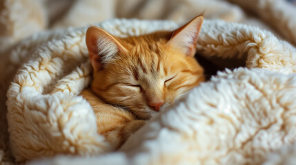 Sleepy ginger cat snuggled in a fluffy blanket.