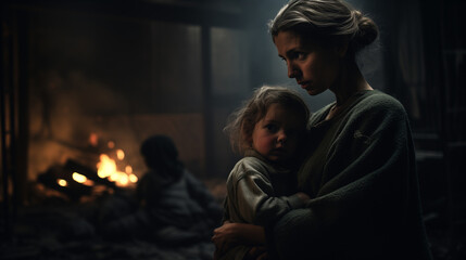 Loving mother holding her child in the bomb shelter during a missile attack. Family in an underground bomb shelter. Concept of wartime. Concept of wartime. No war. Underground life. Generative AI. 