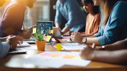 Selective focus  Teamwork employee have a meeting and workshop to brainstorm for strategy of a Business and marketing plan