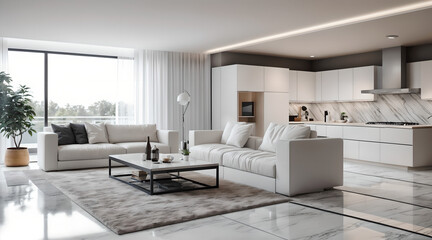 Naklejka na ściany i meble White-colored living room, kitchen, bedroom, indoor neck-up design, indoor neck-up interior, beautiful house, white house