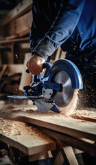 A man is using a circular saw to cut wood. Generative AI.