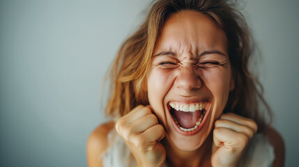Ecstatic woman clenching fists in a powerful emotion.