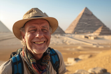 Smiling senior man exploring Egyptian pyramids on sunny day. Travel and adventure.