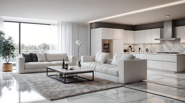 White-colored living room, kitchen, bedroom, indoor neck-up design, indoor neck-up interior, beautiful house, white house
