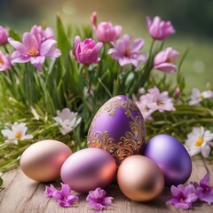 Obraz na płótnie Canvas Floral springtime Easter card template with purple and pink flowers and beautiful brightly decorated Easter eggs, with copyspace