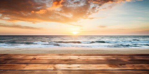 Obraz premium Beach sunset with empty wooden table, space for copying
