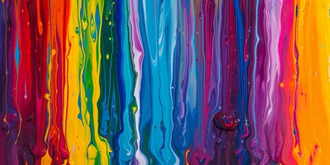 Melting rainbow cascade, with flowing streams of multi-colored paint, creating a visually striking