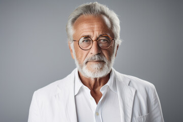 Fototapeta premium Senior man with white beard and glasses against grey background. Confidence and experience.