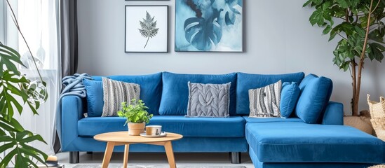 Blue corner sofa and table adorn the living room at home.